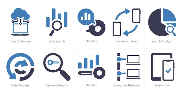 a set of 10 web marketing icons as cloud database data search statistics