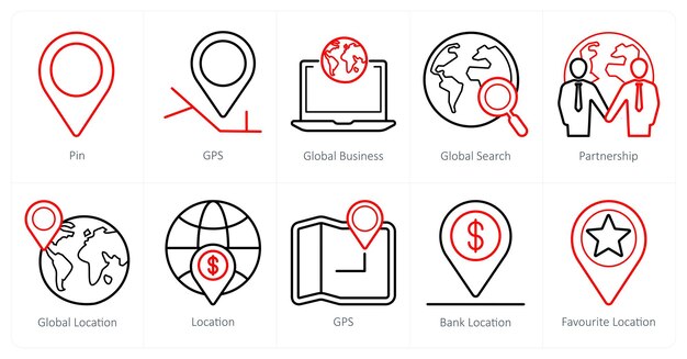 10 つのウェブマーケティングアイコンとピン GPS グローバルビジネスのセット