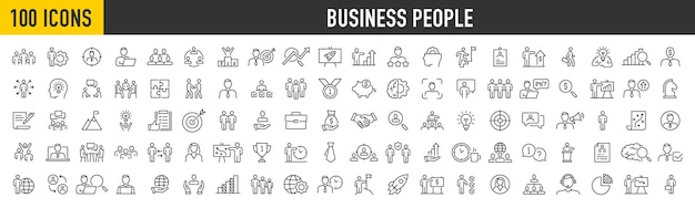 Set of 100 teamwork icons in line style team business people human resources collaboration research meeting partnership support businessman collection vector illustration