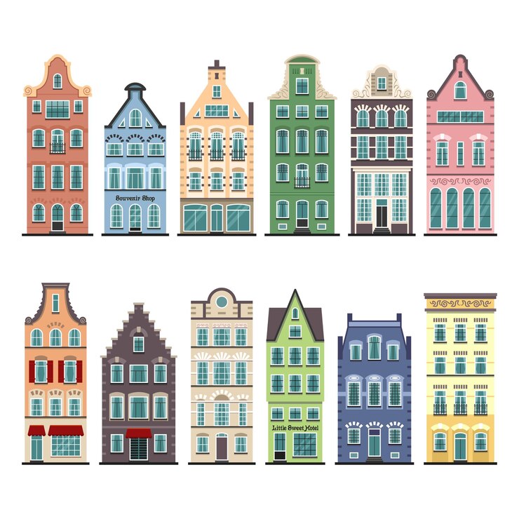 Vector set of 12 amsterdam old houses cartoon facades. traditional architecture of netherlands