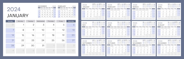 Set of 12 calendar pages for 2024 in blue and grey vector design template week starts on sunday