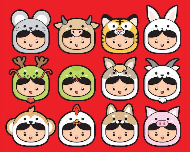 Set of 12 chinese zodiac with cute kids wear zodiac costume