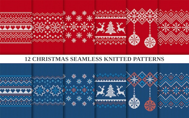 Vector set of 12 christmas seamless patterns knitted sweater red and blue textures big collection set xmas winter background