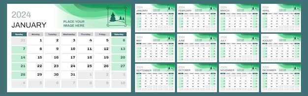 Set of 12 horizontal calendar pages for 2024 in green Vector design template Week starts on Sunday