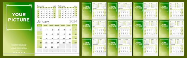 Set of 12 horizontal calendar pages for 2024 with photo vector design template week starts on sunday