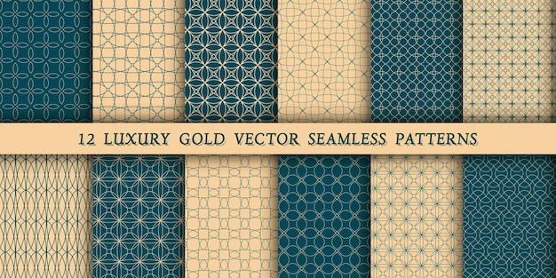 緑のエメラルドの背景に金色のラインを印刷およびデザインするための12の豪華な幾何学的な金パターンのセット モダンでスタイリッシュなパターン