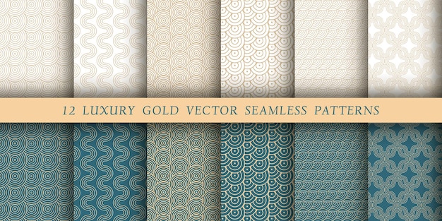 Set of 12 luxurious Japanese-style vector patterns. Geometrical patterns on a white and emerald background. Modern illustrations for wallpapers, flyers, covers, banners, minimalistic ornaments