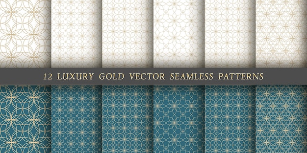 Set of 12 luxurious vector seamless ornamental  patterns Gold floral patterns on a white and emerald...