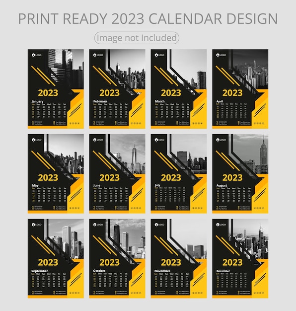 Set of 12 months. Monthly horizontal wall calendar 2023 design template. Week starts on Sunday.