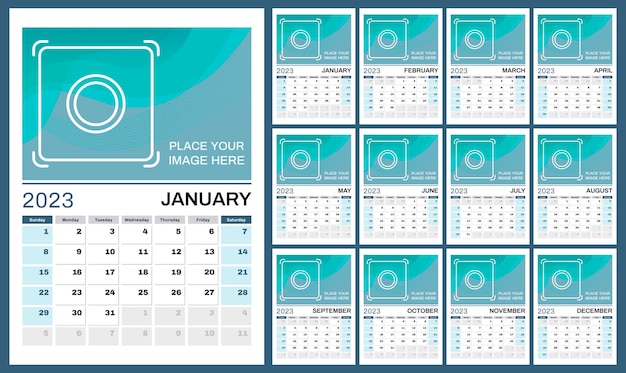 Set of 12 vertical calendar pages for 2023 in blue with photo Design template Week starts on Sunday