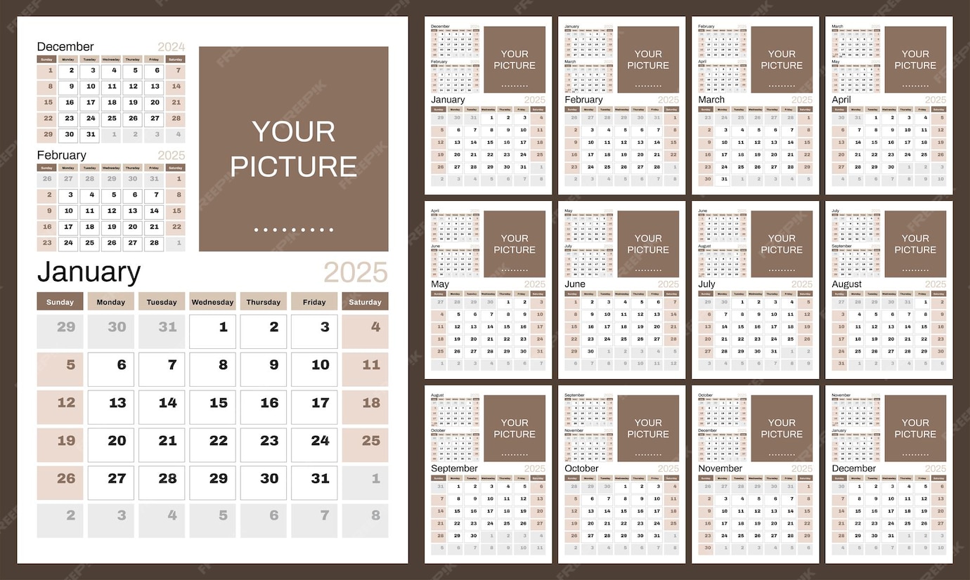 Premium Vector Set of 12 vertical calendar pages for 2025 in brown and pink Design template