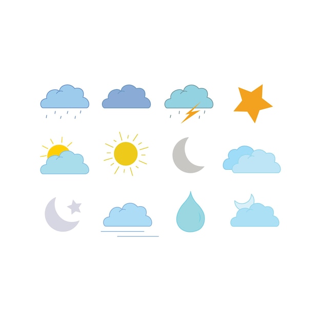 Набор из 12 погодных веб-иконок в плоском стиле. Значок погоды выделен на белом фоне.