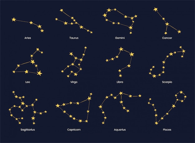 Set of 12 zodiac signs constellations.