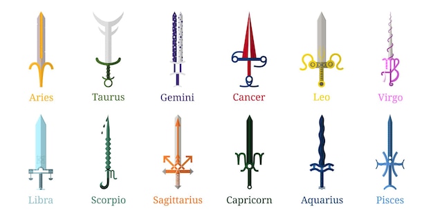 Vector set of 12 zodiac swords isolated on white background.