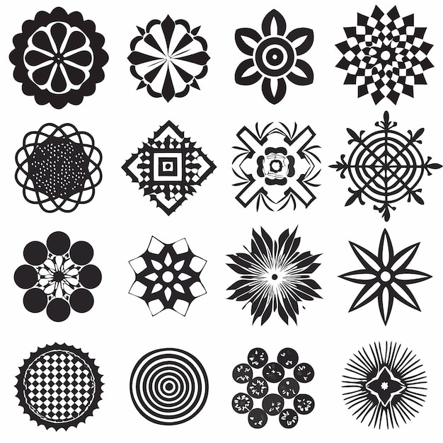 Набор из 14 черно-белых круговых элементов дизайна Каждый элемент представляет собой уникальную геометрическую форму с центральной точкой Формы варьируются в сложности от простых до сложных