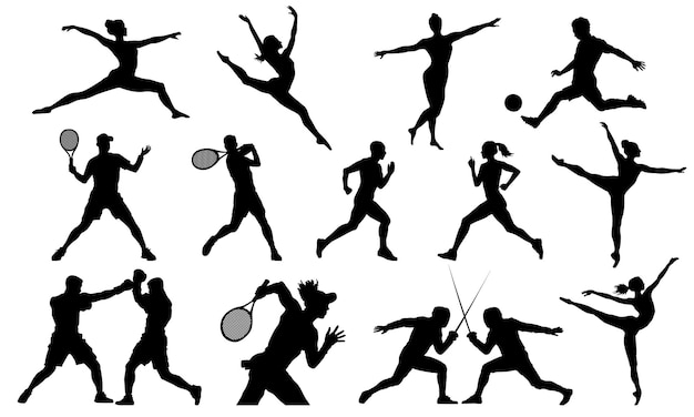Vector set of 15 sport players silhouettes isolated on white background flat sportspeople athletes