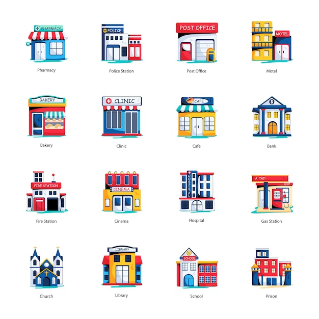 Set of 16 Buildings Flat Icons