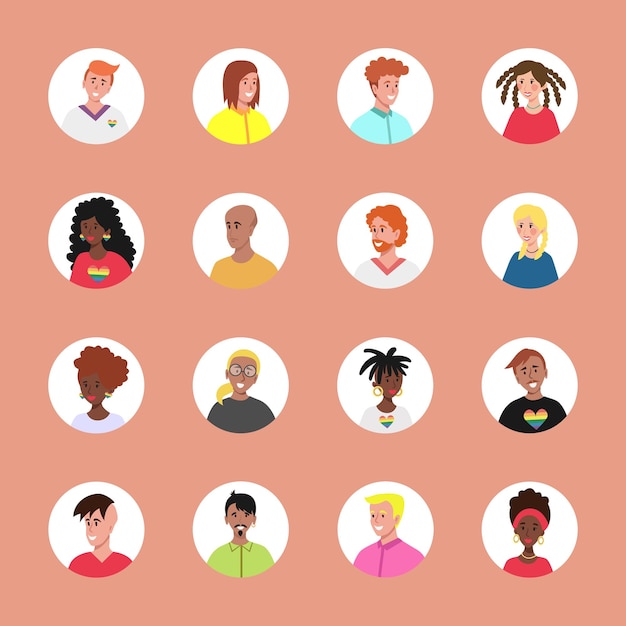 Set of 16 circled avatars with the faces of young people image of different different races and nationalities women and men set of user profile icons round badges with happy people vector