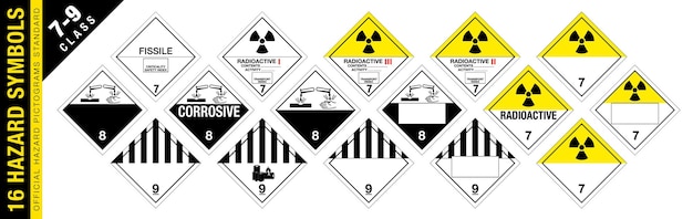 Vector set of 16 class 79 hazardous material signs radioactive corrosive hazmat isolated placards