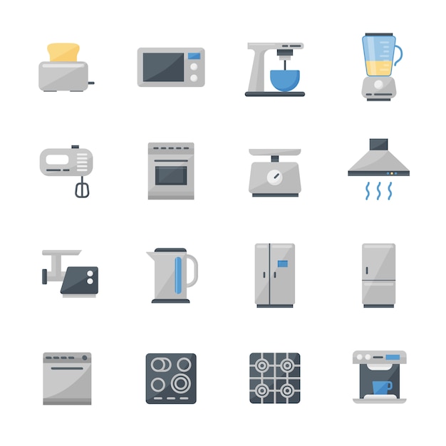 Vector set of 16 kitchen appliances flat icons.