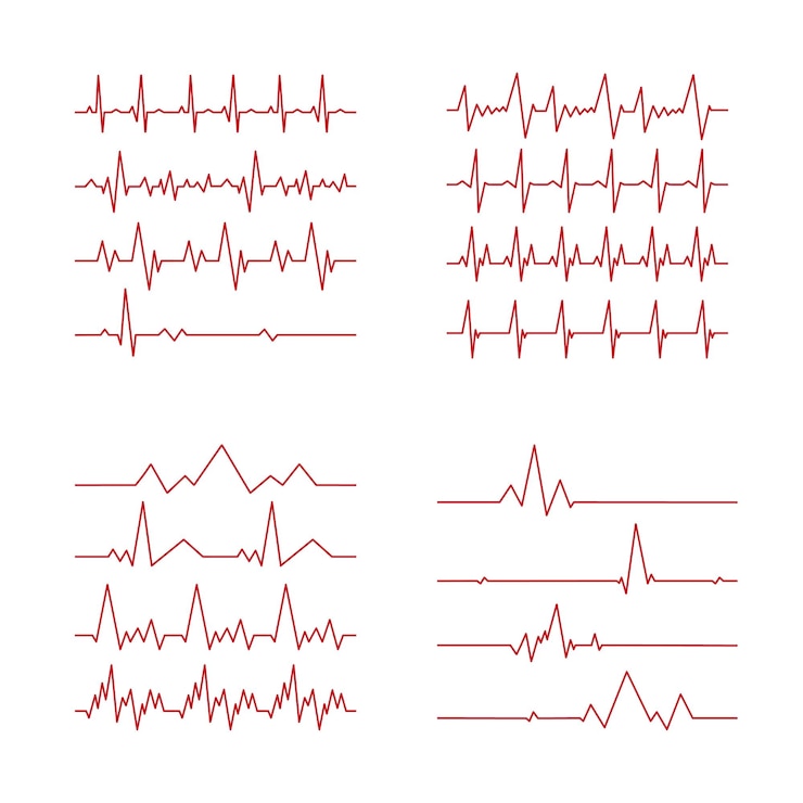 Vector set of 16 pcs heart pulse curved red line on white background vector