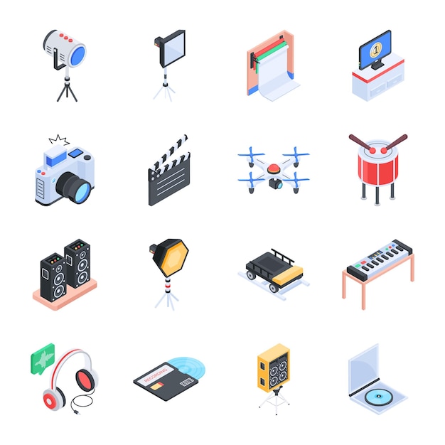 Set of 16 Video Equipment Isometric Icons