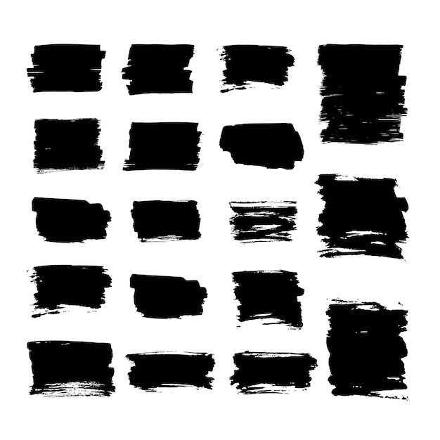 Set of 18 Square and rectangle patterns in black ink drawn by hand with a brush.