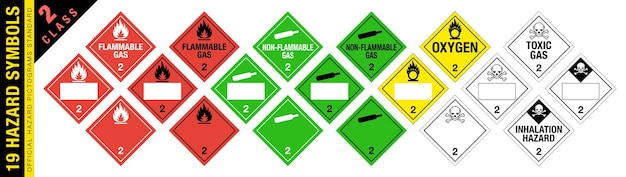 Vector set of 19 class 2 hazardous material signs toxic flammable gas oxygen poison isolated placards