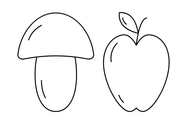Set of 2 contour drawing seasonal fruit Mushroom and apple with leave Thanksgiving day Vector EPS