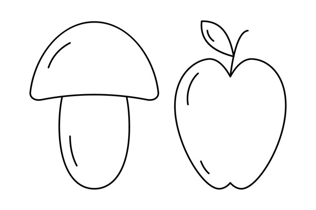 휴가 추수 감사절 벡터 EPS와 2 컨투어 드로잉 계절 과일 버섯과 사과 세트