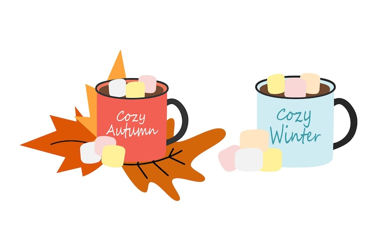 Vector set of 2 cups with lettering cozy autumn and cozy winter with marshmallow and dry leaves isolate sticker icon design for poster banner greetings or invitation cards label or web vector eps