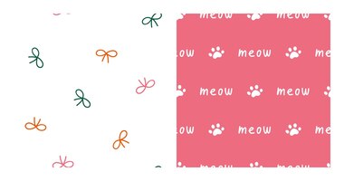 Set of 2 seamless patterns with colorful bows and white paws and meow text.