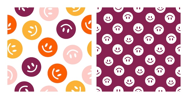 Set of 2 seamless patterns with colorful happy face and with white faces.