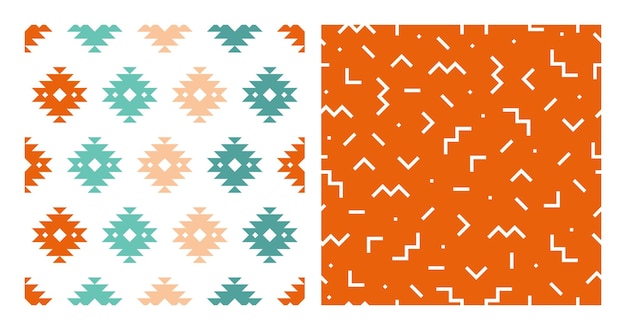 Vector set of 2 seamless patterns with colorful kilim design and with white memphis design.