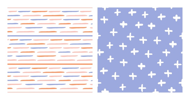 Set of 2 seamless patterns with colorful lines and white handdrawn cross.