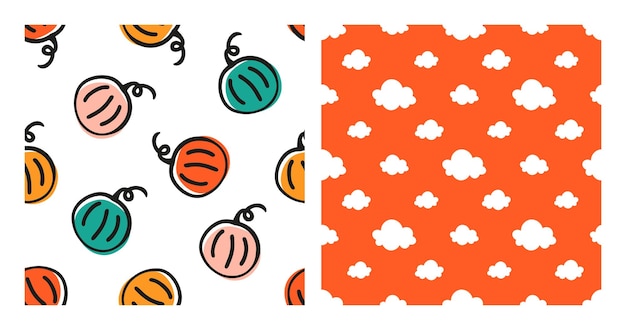 Set of 2 seamless patterns with colorful pumpkin and white clouds