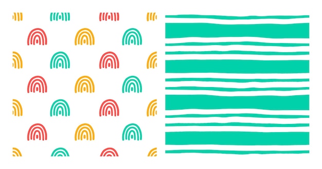 Set of 2 seamless patterns with colorful rainbow and white horizontal handdrawn stripes.