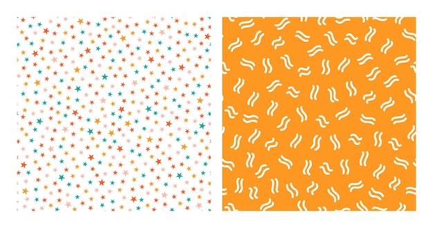 Set of 2 seamless patterns with colorful stars and white tiny lines