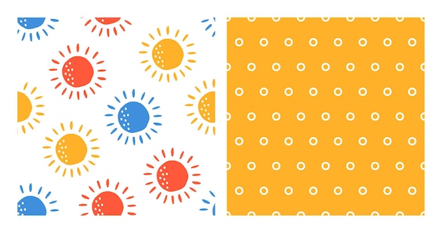 Set of 2 seamless patterns with colorful sun and white small rings.