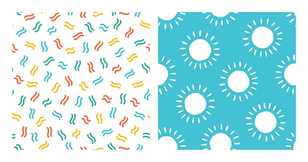 Set of 2 seamless patterns with colorful tiny lines and white sun.
