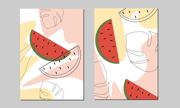 Set of 2 watermelon wall art. Hand drawn fruits wall prints, poster, background and wallpaper.