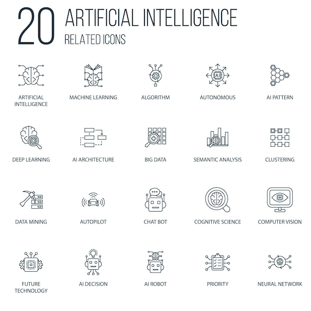 Set di 20 icone di linea correlate all'intelligenza artificiale. contiene icone come algoritmo, big data, chat bot e altro. simbolo di concetto design creativo. può essere utilizzato per l'interfaccia utente/ux web