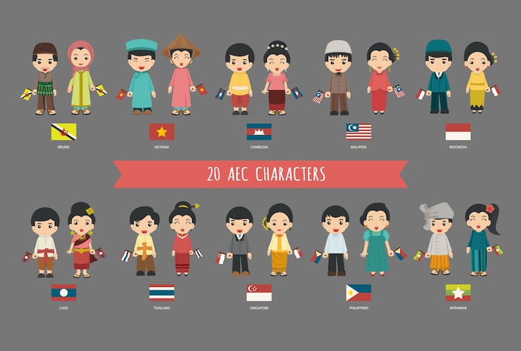 Vector set of 20 asian men and women in traditional costume with flag