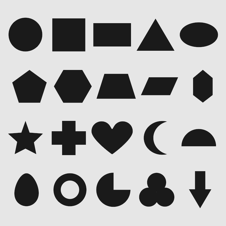 Vector set of 20 basic geometric shapes and symbols black silhouettes on white background geometric shape