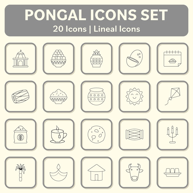 Set di 20 icone nere di celebrazione pongal lineal su sfondo quadrato in colore grigio e beige
