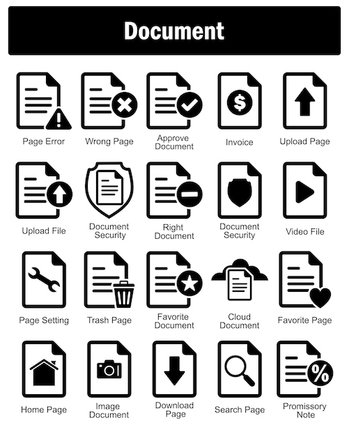 A set of 20 Document icons as page error wrong page approve document