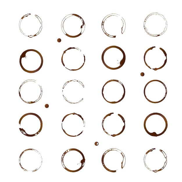 Set of 20 vector coffee stains brown coffee cup bottom rings and drop splashes isolated on white grunge circlesdesign for caf or restaurant menu