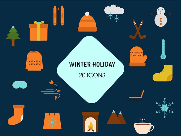 Vector set of 20 winter holiday icons over blue background