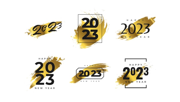 Set di 2023 happy new year logo design del testo con pennello dorato 2023 happy new year simbolo isolato su sfondo bianco utilizzabile per il design del calendario dell'etichetta o la scheda di celebrazione