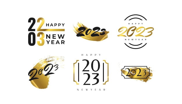 Set of 2023 Happy New Year Logo Text Design with Golden Brush 2023 Happy New Year Symbol Isolated on White Background Usable for Label Calendar Design or Celebration Card